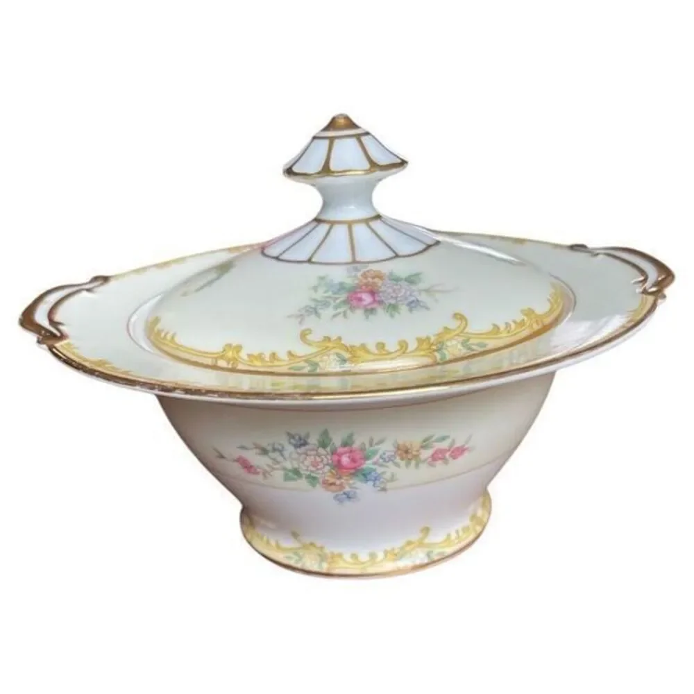 Noritake  N183 Sugar Bowl With Lid Yellow Border Floral Sprays Gold‎ Trim Japan